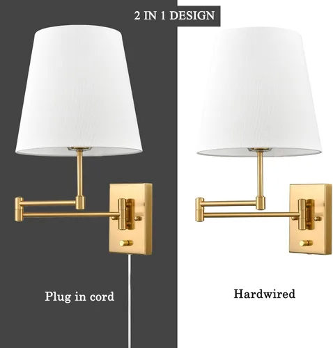 Miniatura 5 de HYDELITE Lámpara de pared dorada con brazo oscilante, apliques de pared de latón con pantalla de lino, accesorios de pared enchufables o cableados