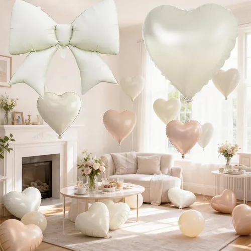 Miniatura 5 de Globos de Corazón Beige Neutro de 30", Globos de Papel de Aluminio con Lazo Grande, 10 Piezas de Globos Gigantes de Lazo Crema de 38" con Juego