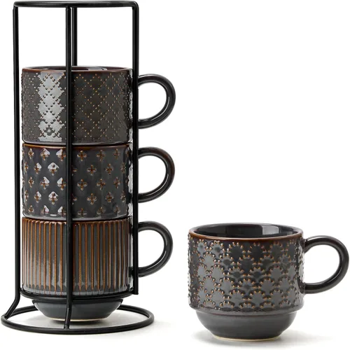 Miniatura 11 de Juego de 4 tazas de café de cerámica grandes con soporte, 15 oz, apilables, tazas de café con relieves diferentes y acanaladas para café con leche