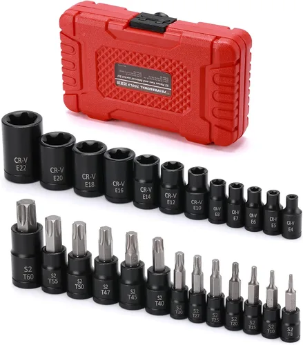 Miniatura 2 de Mayouko Juego de 25 brocas Torx de 1/4", 3/8", 1/2", 1/2", 1/2", 12 enchufes E-Torx hembra y 13 puntas de enchufe estrella