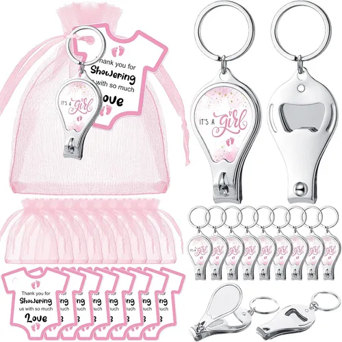 Miniatura 9 de Wesiti 25 juegos de llaveros para baby shower para invitados Baby in Bloom con cortaúñas y abridor de botellas, tarjeta de agradecimiento y bolsa