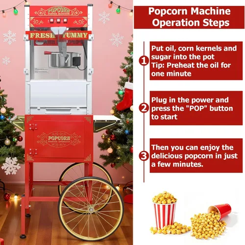 Miniatura 7 de Máquina comercial para palomitas de maíz de 32 oz con carrito - Hervidor de acero inoxidable con ruedas, bandeja calefactora y vidrio templado