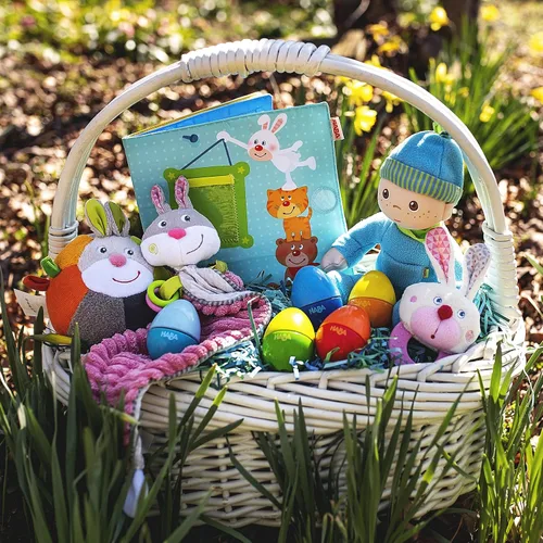 Miniatura 6 de HABA Juguete de mordedor y agarre de conejito – Primer relleno sensorial de cesta de Pascua y conejo de Pascua juguete de dentición para bebés de 6
