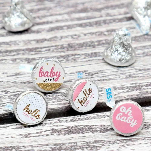 Miniatura 5 de Big Dot of Happiness Hello Little One - Calcomanías redondas para fiesta de baby shower, color rosa y dorado, para fiesta de baby shower