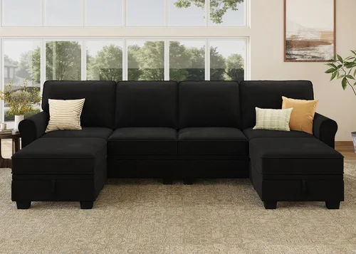 HONBAY Sofá modular convertible con almacenamiento en forma de U con diván reversible para sala de estar, negro medio negro (Mid Black)