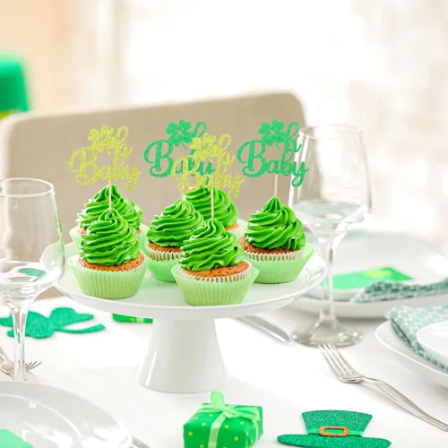 Miniatura 6 de Gyufise Paquete de 24 adornos para cupcakes del Día de San Patricio Lucky Oh Baby con decoraciones de cuatro hojas para pastel de baby shower de San