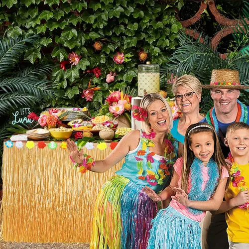 Miniatura 4 de PHOGARY Luau - Falda de mesa de hierba de 9 pies (mejorado) para decoraciones de fiesta hawaiana, flecos de hierba falsa con flores de hibisco