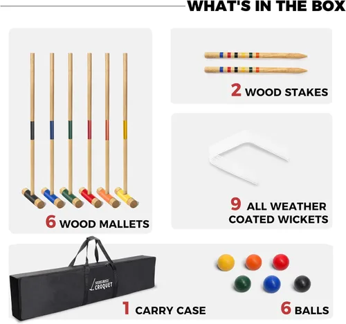 Miniatura 8 de SPORT BEATS Juego de croquet para seis jugadores, mazos de madera maciza de goma de 32 pulgadas con funda de transporte, seis bolas, nueve mechones