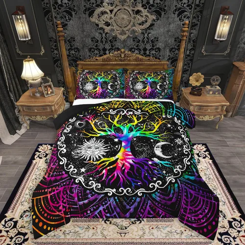 Erosebridal - Juego de edredón tamaño King con diseño de Árbol de la Vida, juego de cama colorido de sol y luna para hombres y mujeres, edredón