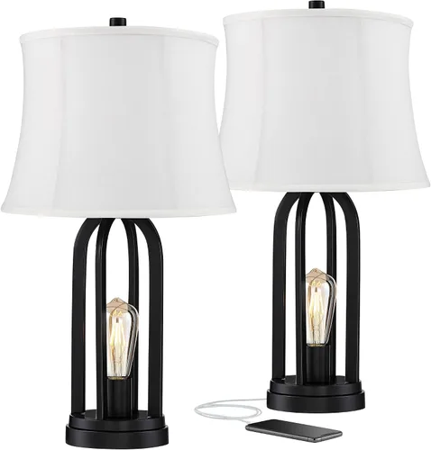 360 Lighting Marcel - Juego de 2 lámparas de mesa industriales modernas de 24.25 pulgadas de alto con puerto de carga USB y luz nocturna LED de tela