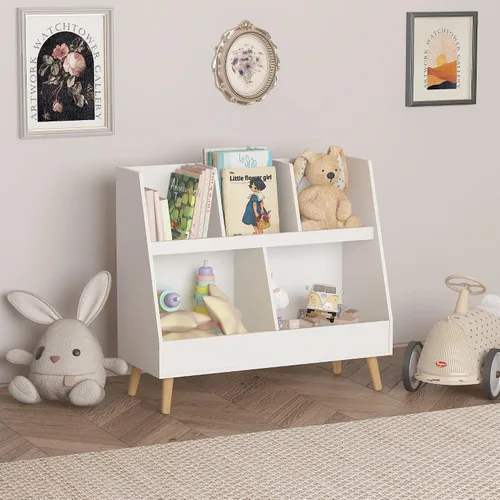 Miniatura 9 de GDFStudio Estantería para niños y organizador de almacenamiento de juguetes, 5 cubículos, estantería abierta de madera con 2 cubos grandes y patas