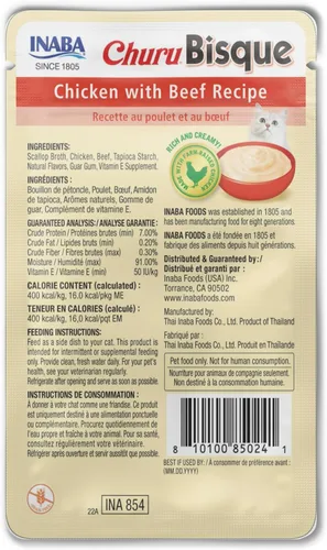 Miniatura 7 de INABA Churu Bisque para gatos, plato de puré cremoso para lamer con vitamina E, 1.4 onzas por bolsa, 12 bolsas, receta de pollo con carne de res