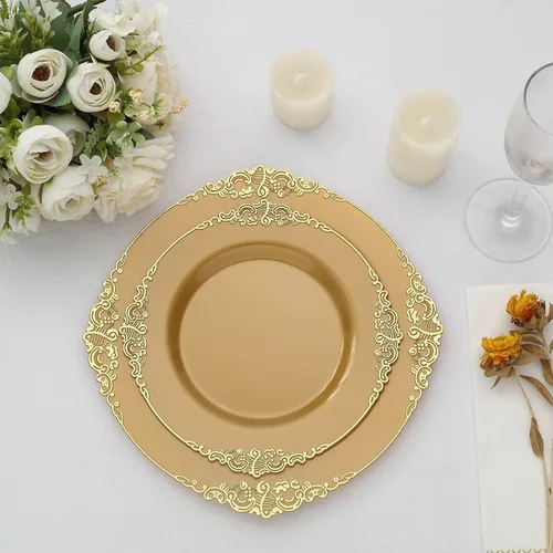 Tableclothsfactory Paquete de 10 platos redondos de plástico barroco dorado de 8 pulgadas para ensalada de postre, vajilla desechable con borde