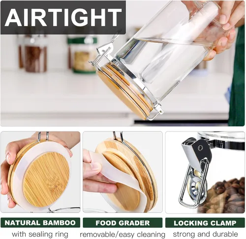 Miniatura 4 de Tarros de vidrio de borosilicato transparente con abrazadera de bloqueo hermético, tapas de bambú para cocina, sin BPA