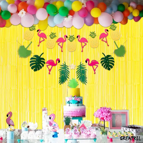 Miniatura 3 de Telón de Fondo de Fiesta con Serpentinas Amarillas - GREATRIL Flecos de Papel de Aluminio para Fiestas de Cumpleaños de Piña/Limón/Camión/Carrera