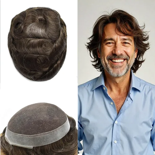 Miniatura 112 de Toupee para hombres Sistema de reemplazo de cabello humano real pieza de cabello humano para hombres encaje suizo para hombre Toupee Hair Pieces