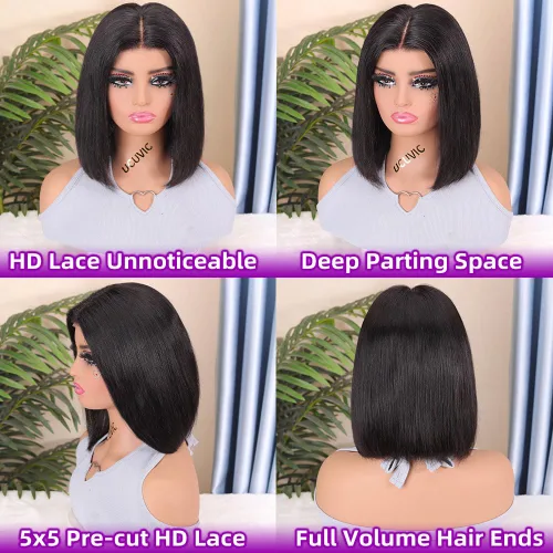 Miniatura 4 de Peluca de cabello humano sin pegamento con cordón para usar y llevar, precortada, densidad del 180%, 5x5, HD, transparente, encaje frontal, pelucas