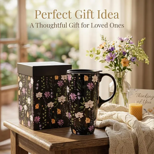 Miniatura 8 de Topadorn Taza de viaje de cerámica negra de 17 onzas con tapa, taza de café floral oscuro, apta para microondas y lavavajillas, caja de regalo