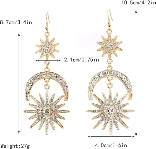 Miniatura 3 de Exaggerated - Aretes de gota con diseño de luna de sol y estrellas con diamantes de imitación punk para mujer