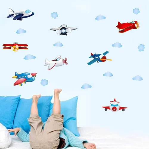 Calcomanías de pared de avión, calcomanías de pared de acuarela para niños, guardería, sala de juegos, dormitorio, serie de aviones vintage para