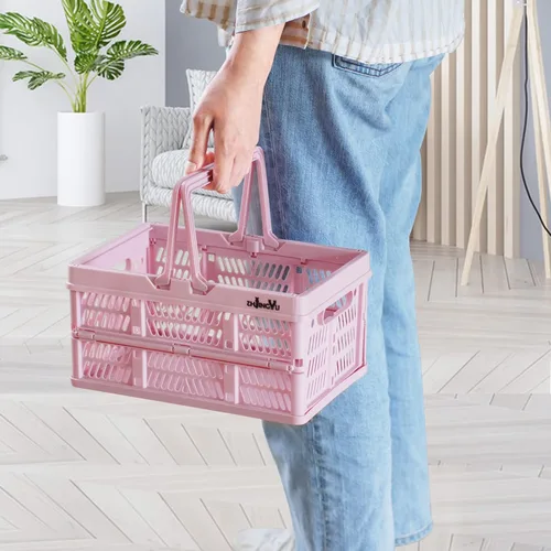 Miniatura 5 de ZHJINGYU cajas para almacenamiento, cestas de plástico para organizar, cesta de compras plegable, caja plegable con asas, caja de almacenamiento Rosa