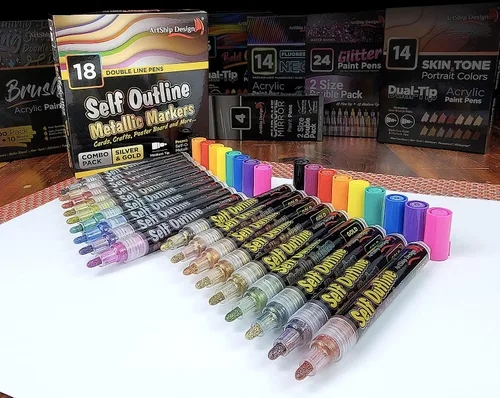 Miniatura 2 de ArtShip Design Paquete combinado de 18 bolígrafos de pintura con brillo metálico dorado y plateado, barriles extra grandes, marcadores permanentes