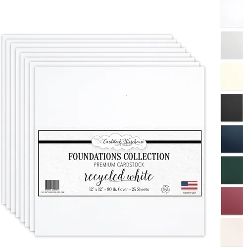 Cardstock Warehouse Foundations 100% blanco reciclado, 12 x 12 pulgadas, 80 libras, 7.58 oz/m², papel de cartulina 100% reciclado, 25 hojas