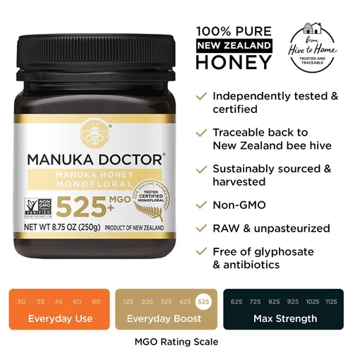 Miniatura 5 de MANUKA DOCTOR - Paquete monofloral de miel de Manuka UMF8/MGO 182+ SQUEEZY y MGO 525+, miel de Nueva Zelanda 100% pura. Certificado. Garantizado.
