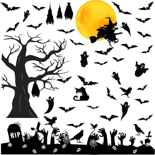 Miniatura 9 de Barri Design Calcomanías de pared de murciélago de Halloween, árbol de luna, bruja, calcomanías de pared extraíbles para Halloween, calcomanías