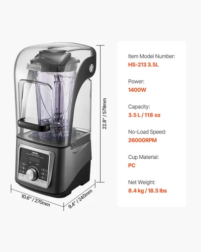Miniatura 7 de VEVOR Licuadora Profesional para Batidos, 118 oz 1400W, con Motor Potente, Licuadora Multifuncional para Procesamiento de Alimentos con Cubierta