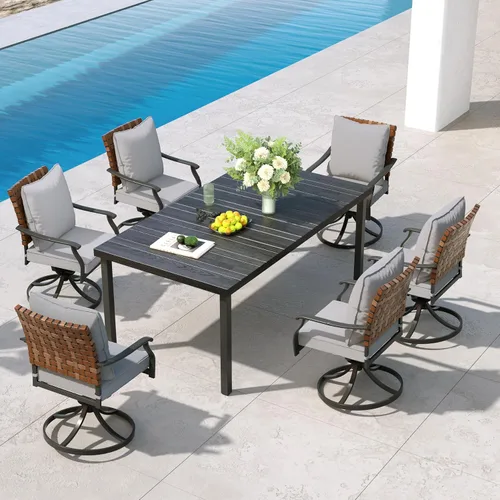Miniatura 22 de Grand patio Juego de comedor de exterior de 5 piezas, 4 sillas de patio giratorias de mimbre con aspecto de cuero y 1 mesa de comedor cuadrada