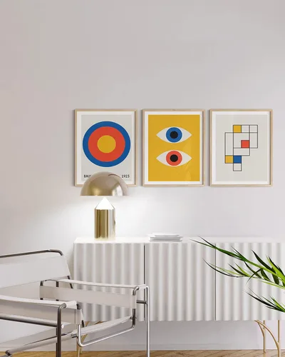 Miniatura 5 de HAUS AND HUES - Arte de póster Bauhaus - Juego de 3 arte de pared abstracto moderno, pósteres vintage e impresiones, arte de pared azul y amarillo