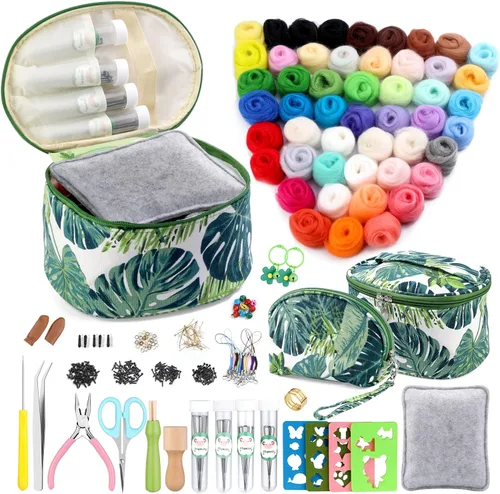 Miniatura 9 de IMZAY Kit de fieltro de aguja, kit de iniciación de fieltro de aguja con exquisita bolsa de almacenamiento verde, juego de 18 colores de lana, kit