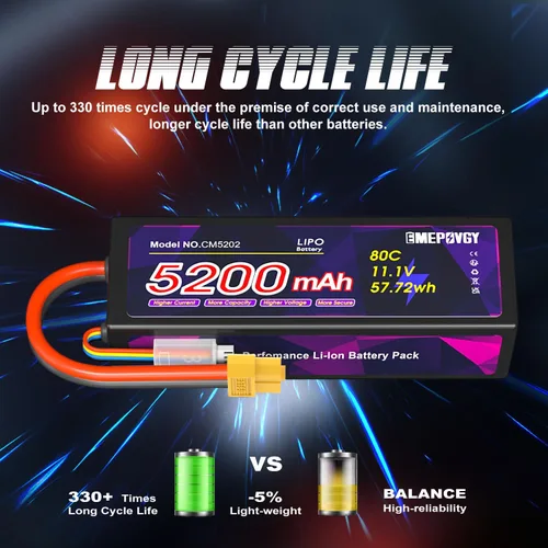 Miniatura 4 de Batería Lipo de 11.1V 3S 5200mAh 80C Lipos Estuche rígido con conector XT60 para coches RC camiones 1/8 1/10 vehículos RC (2 paquetes)