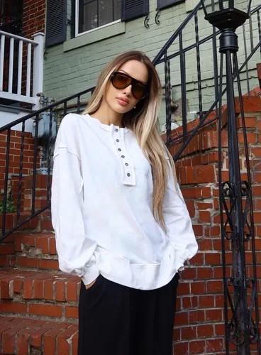 Miniatura 85 de AlvaQ - Sudadera de gran tamaño para mujer, informal, de manga larga, con botones y cuello Henley, tipo túnica