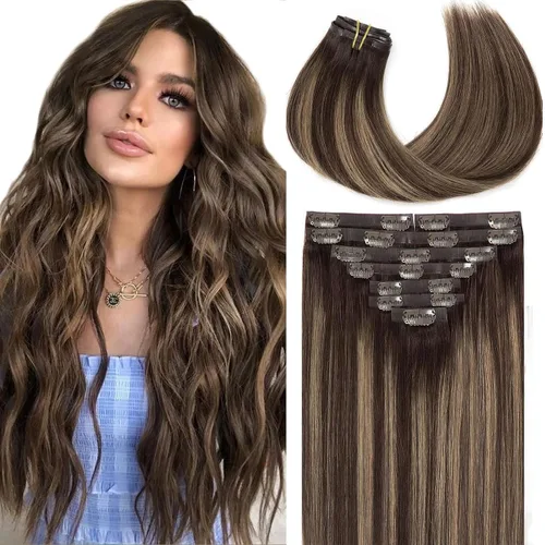 Miniatura 47 de Loxxy Extensiones de cabello humano con clip, sin costuras, 22 pulgadas, color marrón oscuro a castaño oscuro y marrón oscuro, 7 piezas