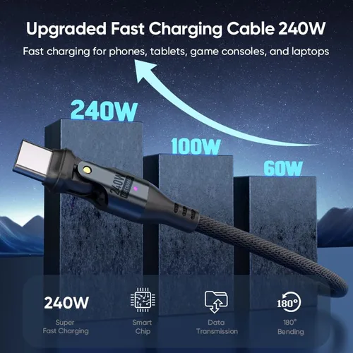 Miniatura 3 de Cable de carga USB-C, cable USB-C de 240 W, 6 pies, carga rápida, cable de carga giratorio de nailon resistente con cabezal giratorio de 180 grados