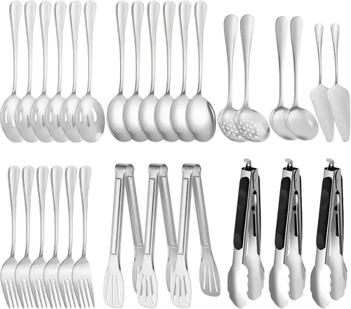 Miniatura 20 de Juego de 20 utensilios para servir, utensilios completos de acero inoxidable para bufé de catering para barbacoas de verano, parrillas, picnic