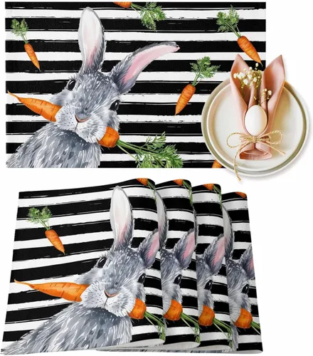 Miniatura 10 de Easter Placemats Funny Rabbit Carrots Place Mats for Dining Room Dinner Table Leaves Retro Washable Table Mats Spring Easter Day Kitchen Decorations