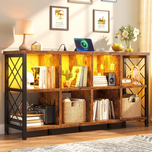 Miniatura 11 de DurayLoly Organizador de almacenamiento de 6 cubos con luz LED y estación de carga, estante de cubos de madera y metal, estante de libros horizontal