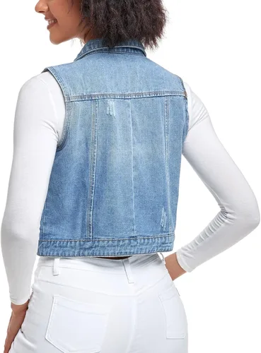 Miniatura 4 de Xeoxarel Chaleco de mezclilla para mujer, chaqueta vaquera sin mangas (XS-XXL)