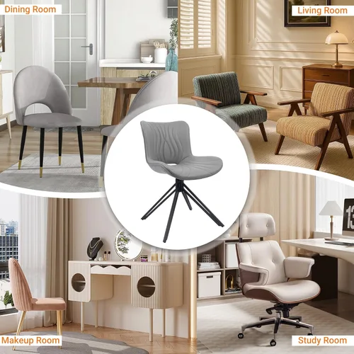 Miniatura 7 de Juego de 4 sillas de comedor, 360° giratorias, tapizadas, modernas de mediados de siglo, para cocina y comedor, sin brazos, de piel sintética, Gris