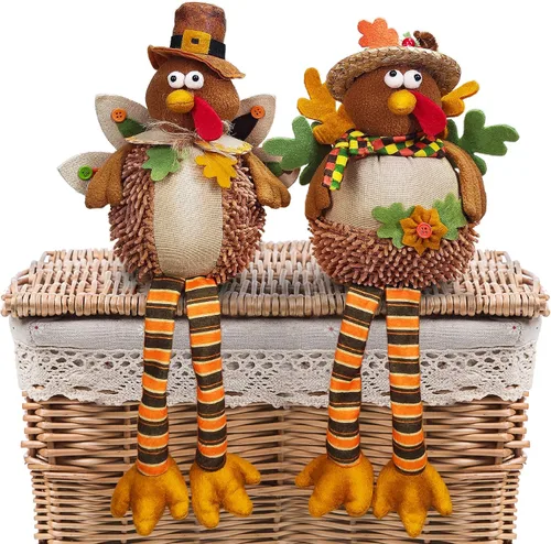 Miniatura 7 de Ogrmar Paquete de 2 muñecas de pavo de peluche de 15 pulgadas, decoración de mesa de Acción de Gracias, exquisita muñeca de felpa de pavo hecha a