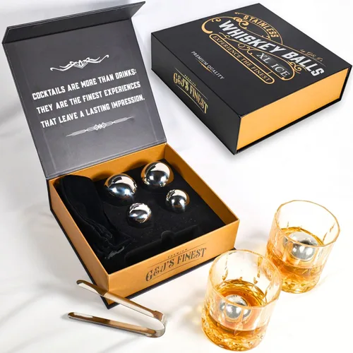 G&J's Finest Premium - Juego de 4 bolas de acero inoxidable para whisky, 2 bolas extragrandes y 2 de gran tamaño con bolsas para congelador y pinzas