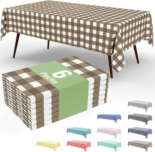 Miniatura 63 de Smiry Paquete de 3 Manteles Desechables de Cuadros Gingham Color Caqui - 54" x 72" Mantel de Plástico de Servicio Pesado, Cubiertas de Mesa