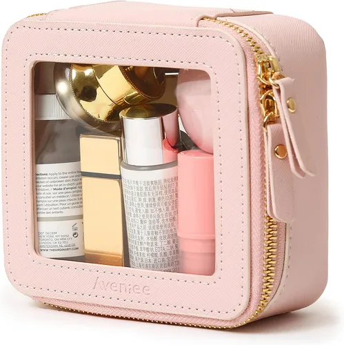 Miniatura 19 de Aveniee Organizador de bolsa de maquillaje transparente, bolsa de aseo de viaje para mujer, bolsa de cosméticos impermeable con cremalleras, Rosa