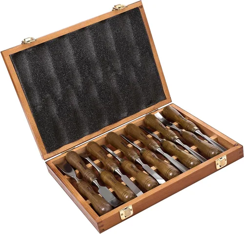 Miniatura 10 de Juego de 12 piezas de herramientas de tallado de madera para carpintería con caja de madera, cuchillas de acero CR-V 60 ultra afiladas