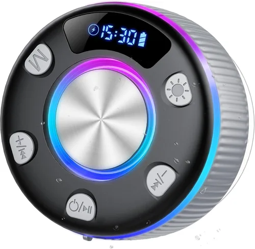 Miniatura 13 de Altavoz de ducha Bluetooth, IP7 impermeable, portátil, Bluetooth 5.3 con ventosa, mini altavoz inalámbrico con luces RGB, pantalla de tiempo, sonido