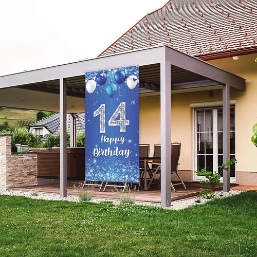 Miniatura 5 de COOSOAR Cartel de feliz cumpleaños número 14, globos de cristal brillantes estrellas confeti decoración para niños y niñas, fiesta de cumpleaños