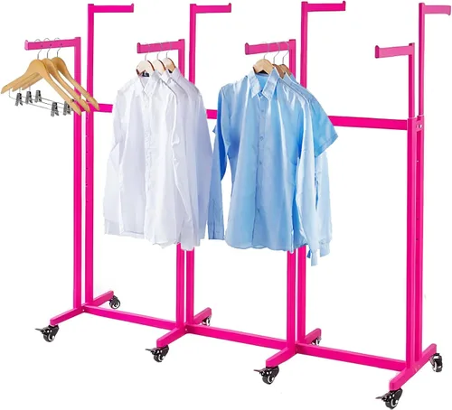 Miniatura 14 de Perchero de pie de metal para ropa - Estantes de exhibición resistentes para uso comercial con ruedas, perchero de ropa de 6 brazos, perchas